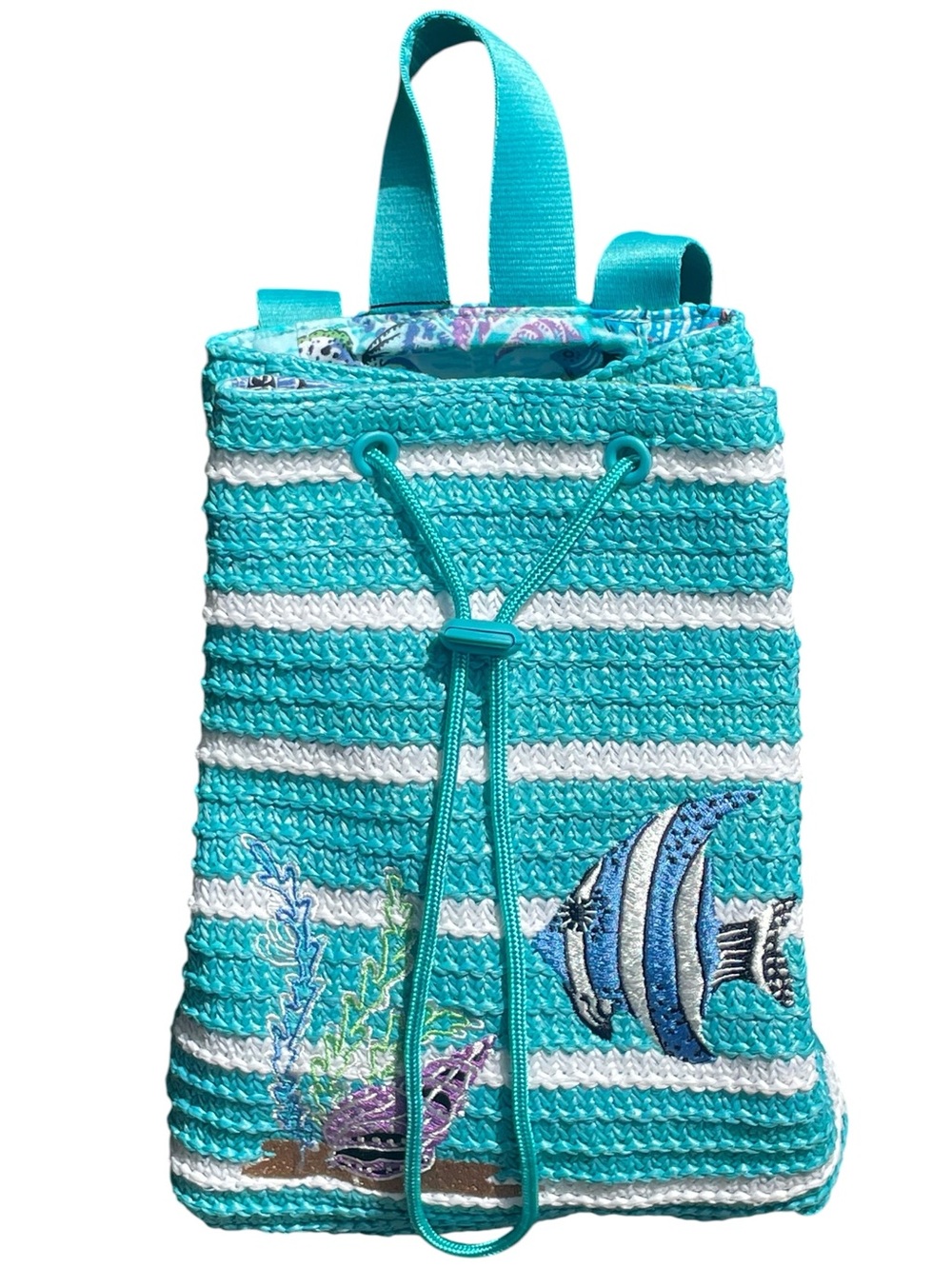 Vera Bradley Straw Drawstring Backpack Retired Achilles Treasure Turquoise Fish